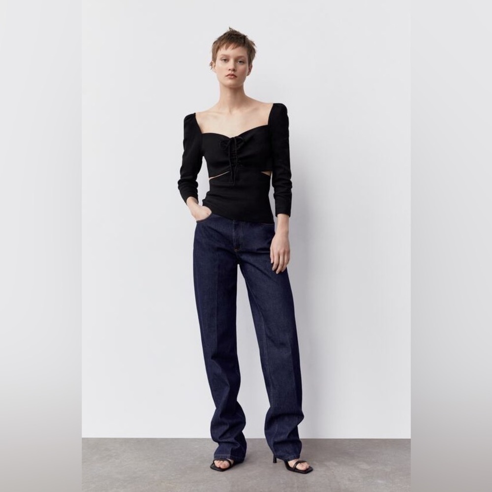 Zara Linen Blend Cut Out Top Black Puff Shoulders Cropped Small
